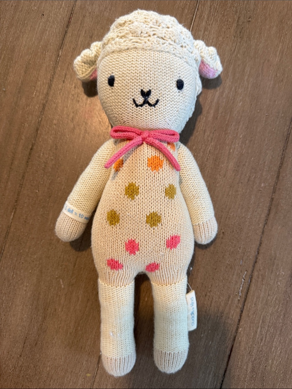 Cuddle + Kind Lucy 13” Plush Knit Lamb Toy - Pink & Cream Polka Dot